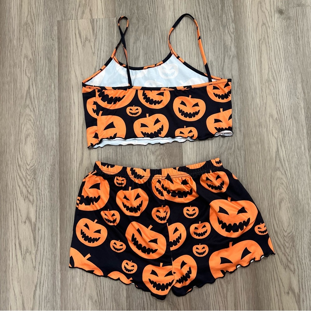 Halloween Pumpkin Print Cami & Shorts Pajama Set - Orange/Black - Picture 2 of 3